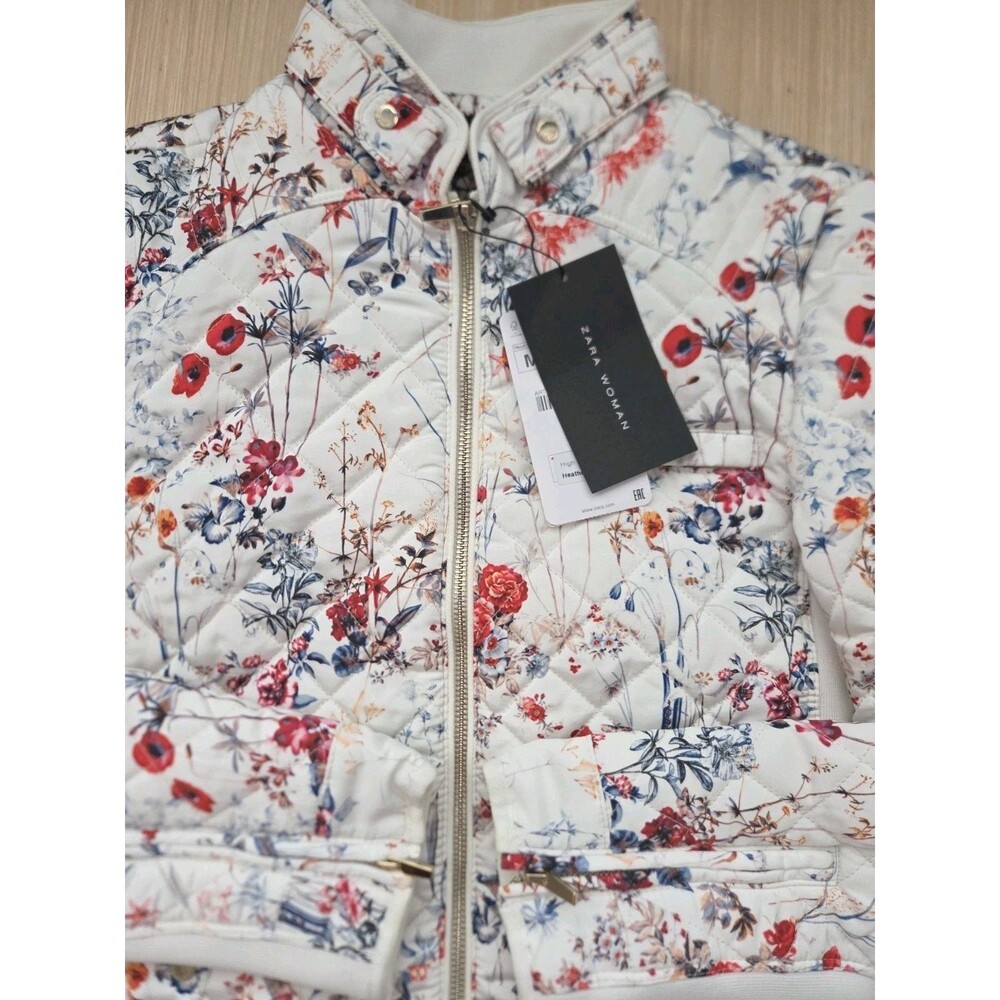Zara Women's Medium Quilted Jacket Floral Roses Ivory Cottagecore Romantic NEW